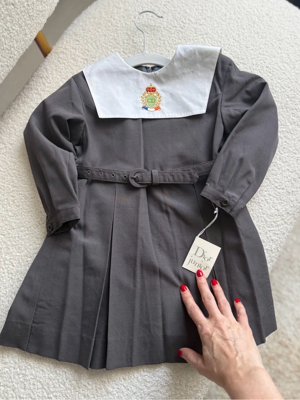Dior Junior Gray Dress with White Sailor Collar and Embroidered Crest